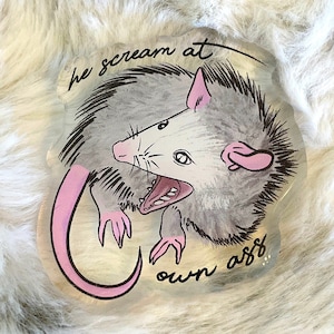 May include: A clear sticker featuring a cartoon opossum with its mouth open, screaming. The opossum is gray with pink accents on its ears and tail. The text "he scream at own ass" is written around the opossum in a handwritten font.