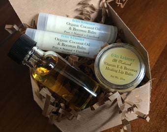 Organic LIP CARE Gift Set / Coconut Oil Lip Balm / Pure Vitamin E Oil / Vitamin E & Beeswax Balm