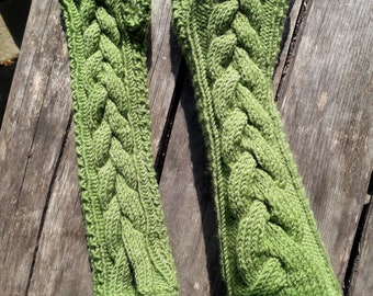 Handknitted long green color with cables women fingerless gloves / wrist warmers/ long cable knit arm warmers,