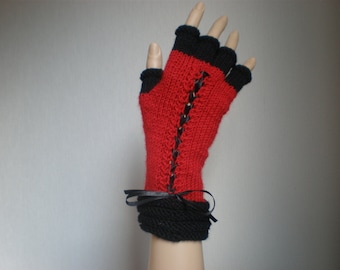 Handknitted red color with black accent color women gloves with half fingers