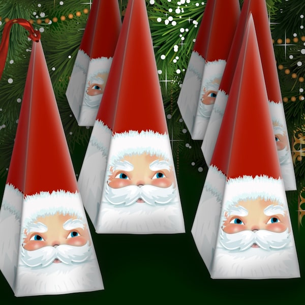Santa Claus Christmas Pyramid Triangle Goody Treats Box 6.5" tall X 2" square Printable Digital Download Party Favor Candy Gifts Presents