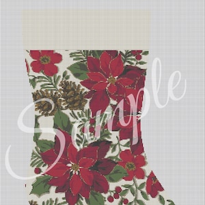 May include: A white Christmas stocking with a red poinsettia and pine cone design.