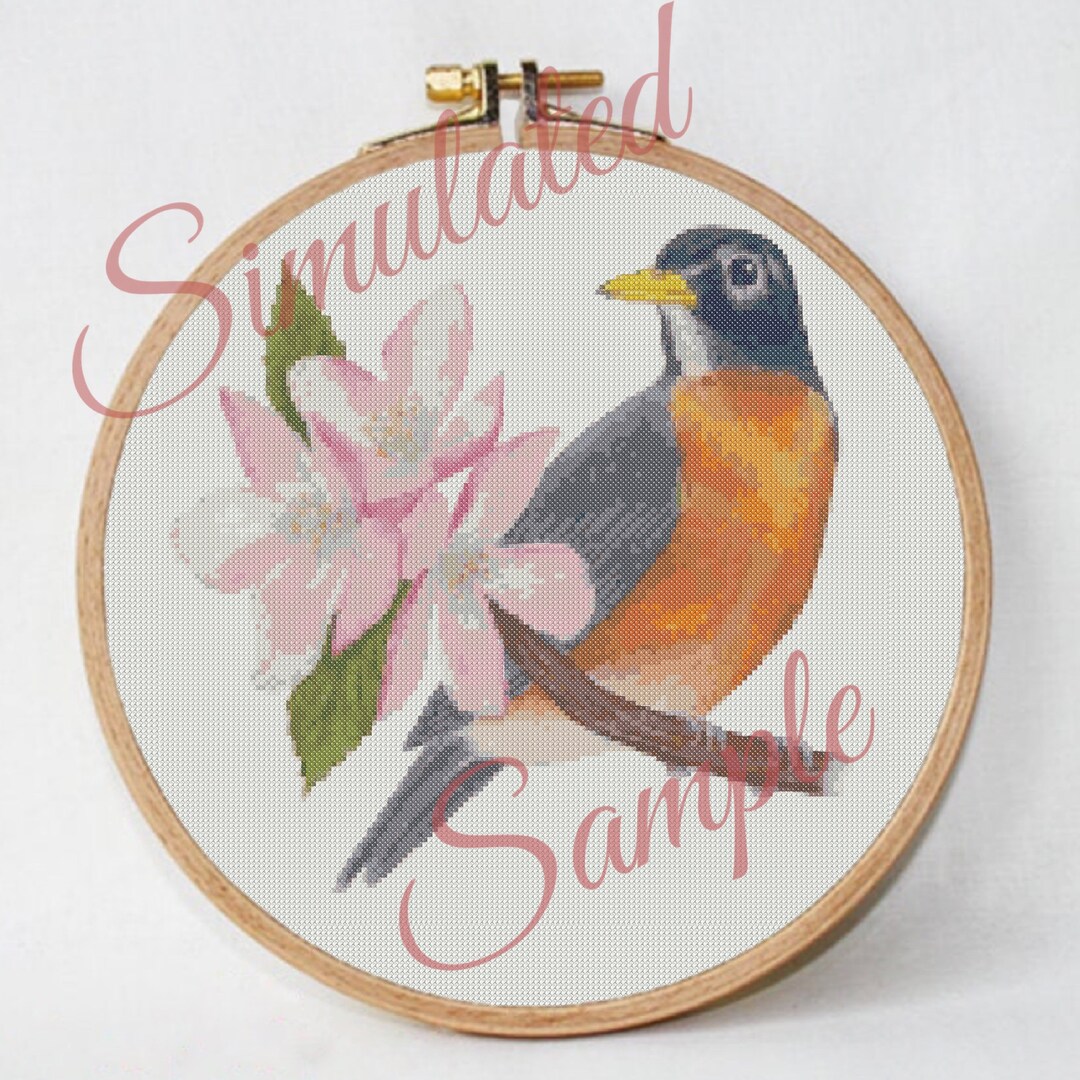Michigan State Bird Robin and Apple Blossom Flower Digital Small Scale ...