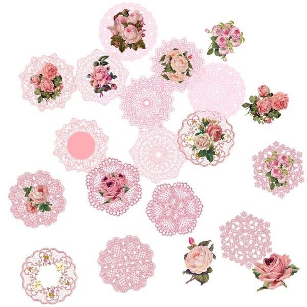 Miniatur Rosa Spitze Doilies & Vintage Rosen Sortiment Druckbar Digital Downloadable Transparent Collage Sheet Schmuck Puppenhaus Cabochons