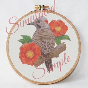 Alabama State Bird Yellowhammer and Camellia Flower Digital Small Scale Counted Cross Stitch Embroidery Pattern PDF Download