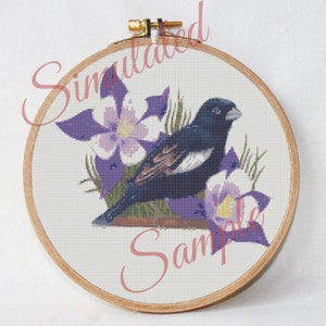 Colorado State Bird Lark Bunting and Columbine Flower Digital Small Scale Counted Cross Stitch Embroidery Pattern PDF Download