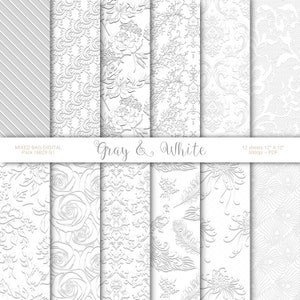 Prägelook Hochzeit Grau & Weiß 12 Blatt Sortimentspaket, Digital druckbares Bastelpapier, Origami, Scrapbooking - INSTANT DOWNLOAD Pack
