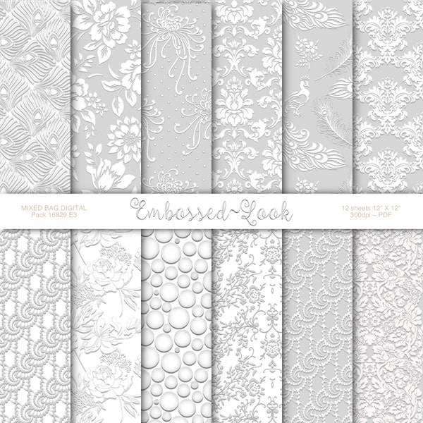 Look gaufré Wedding Gray & White 12 sheet assortment pack, Papier artisanal imprimable numérique, Origami, Scrapbooking - INSTANT DOWNLOAD Pack