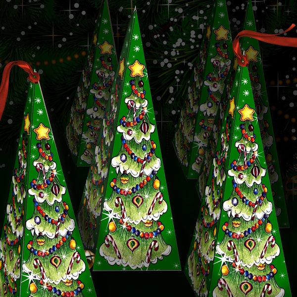 Süße Weihnachtsbaum Pyramide Dreieck Goody behandelt Box 6,5" hoch X 2" Platz druckbare digitale Download Party zugunsten Süßigkeiten Geschenke Geschenke