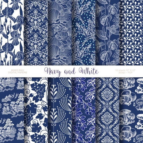 Navy Blue & White Damask 12 Sheet Assortment Pack Digital Etsy