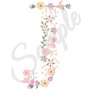 May include: A floral letter J made of pink, yellow, and purple flowers with green leaves. The letter is on a white background.