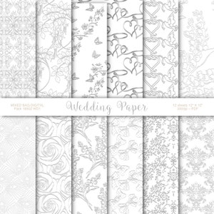 Argent de mariage - White Embossed look 12 feuilles assortiment pack, papier d'artisanat imprimable numérique, Origami, Scrapbooking - INSTANT DOWNLOAD Pack