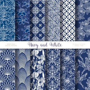 Navy Blue & White Damast 12 Blatt Sortiment, Digital druckbares Bastelpapier, Scrapbooking, Origami, Hochzeit, Karten, Etiketten Download