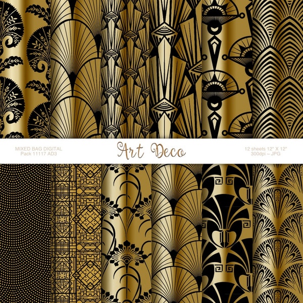 Art Deco Black & Gold 12 sheet assortment pack Digital printable craft paper scrapbooking, Origami, Wedding, Cards, Labels Downloadable