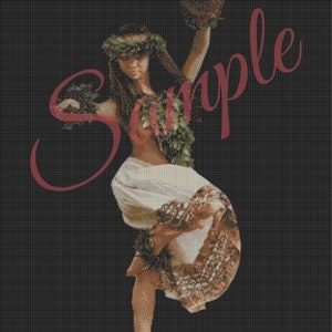 Kahiko Wahine Female Traditional Hula Dancer with Uli Uli Feathered Shaker Rattle Digital Counted Cross Stitch Embroidery Pattern