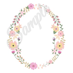 May include: A wreath of pink, yellow, and green flowers with leaves. The wreath is circular and has a white background.