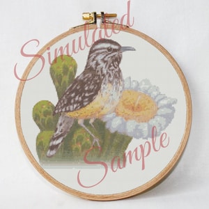 Arizona State Bird Cactus Wren and Saguaro Cactus Blossom Flower Digital Small Scale Counted Cross Stitch Embroidery Pattern PDF Download
