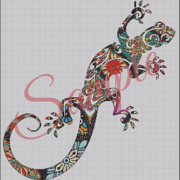 Colorful Chameleon Lizard Gekko Counted Cross Stitch Embroidery Pattern PDF Download