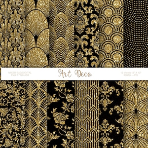 Art Deco Schwarz & Gold Glitzer 12 Blatt Sortiment Pack Digital druckbare Bastelpapier Scrapbooking Origami Hochzeitskarten Etiketten Download
