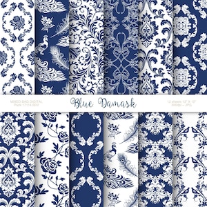 Navy Blue & White Damast 12 Blatt Sortiment, Digital druckbares Bastelpapier, Scrapbooking, Origami, Hochzeit, Karten, Etiketten Download