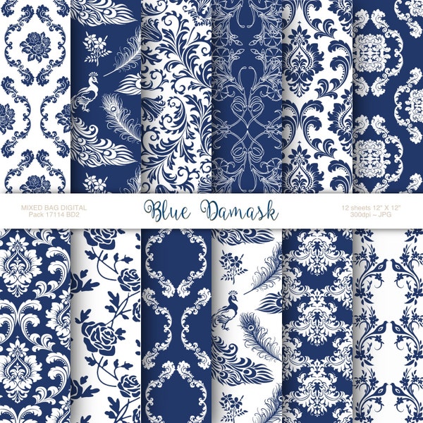 Navy Blue & White Damask 12 sheet assortment pack, Papier d’artisanat imprimable numérique, scrapbooking, Origami, Mariage, Cartes, Étiquettes téléchargeables