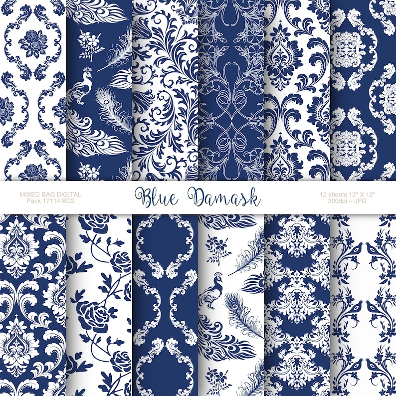 Navy Blue & White Damask 12 sheet assortment pack Digital Etsy