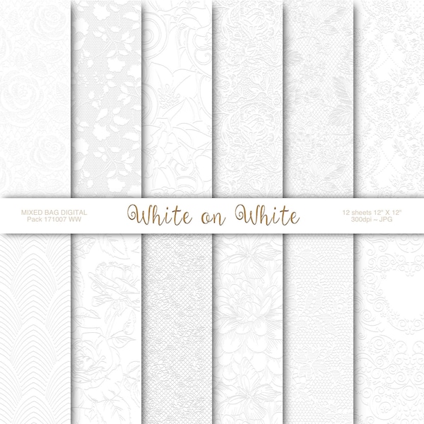 Wedding White-on-White Embossed look 12 sheet assortment pack, Digital printable craft paper, Origami, Scrapbooking - INSTANT DOWNLOAD Pack