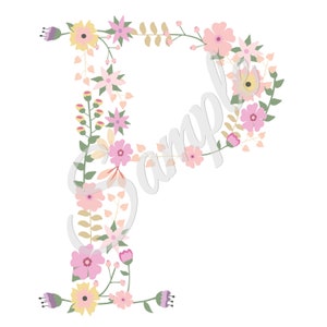 May include: A floral letter P made of pink, yellow, and green flowers. The letter is surrounded by a wreath of leaves and flowers.