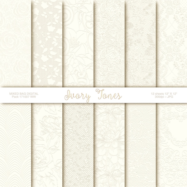 Wedding Ivory Tones Embossed look 12 sheet assortment pack, Digital printable craft paper, Origami, Scrapbooking - INSTANT DOWNLOAD JPG Pack