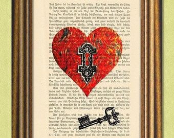 The Key to My Heart - Dictionary Art Print - Upcycled Antique Book Page