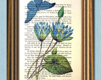 I'M BLUE - Water Lily and Butterfly -Dictionary Art print- Botanical Art - Wall Art - Garden Art