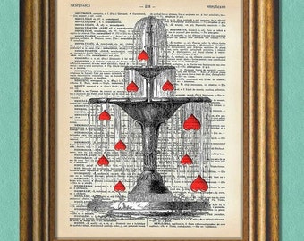 HEART FOUNTAIN - Dictionary Art Print -Vintage book page print recycled - Wall Art