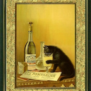 THIRSTY CAT Vintage Art Print Art Nouveau image 1