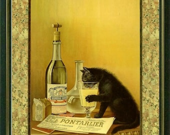 THIRSTY CAT - Vintage Art Print  - Art Nouveau