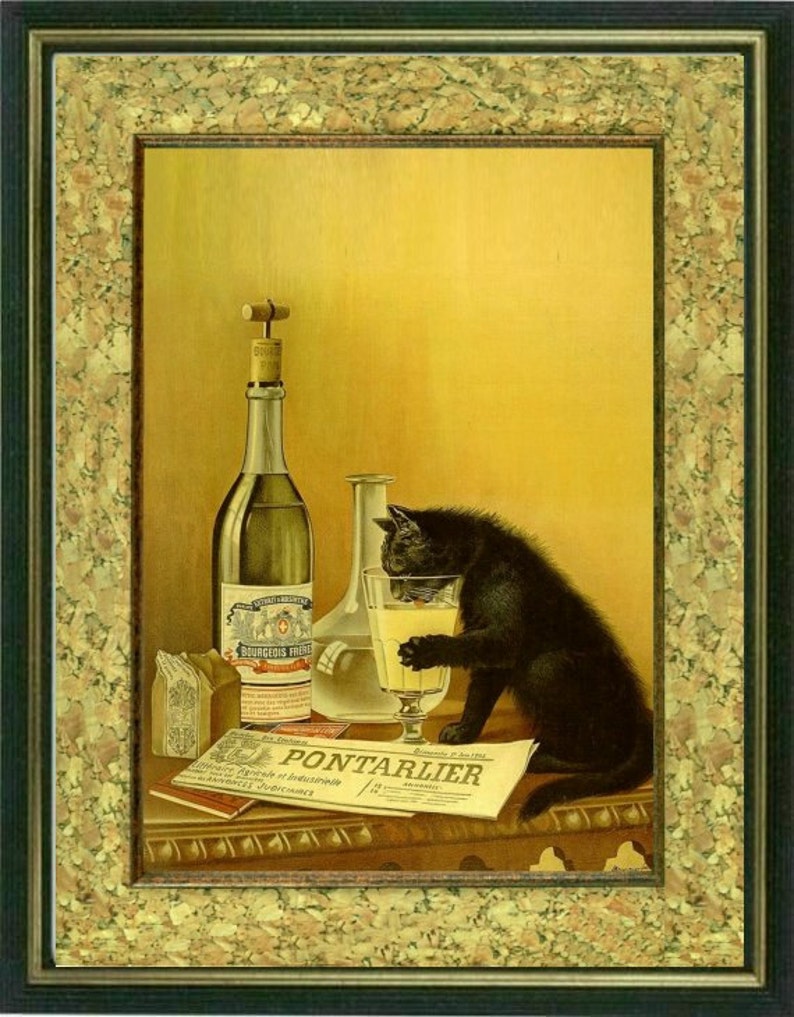 THIRSTY CAT Vintage Art Print Art Nouveau image 1