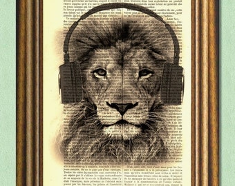 HIPSTER DJ LION - Dictionary Art Print - Wall decor - Art Print - Upcycled Book Page