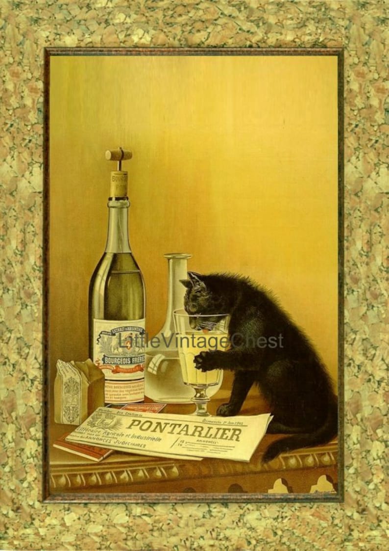 THIRSTY CAT Vintage Art Print Art Nouveau image 2