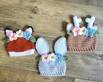 Crochet woodland hats, crochet fox hat, crochet deer hat, crochet bunny hat, crochet photo prop