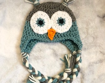 Crochet owl hat, owl ear flap hat, baby owl hat, children’s owl hat, adult owl hat, baby photo prop, crochet photo prop, crochet woodland ha