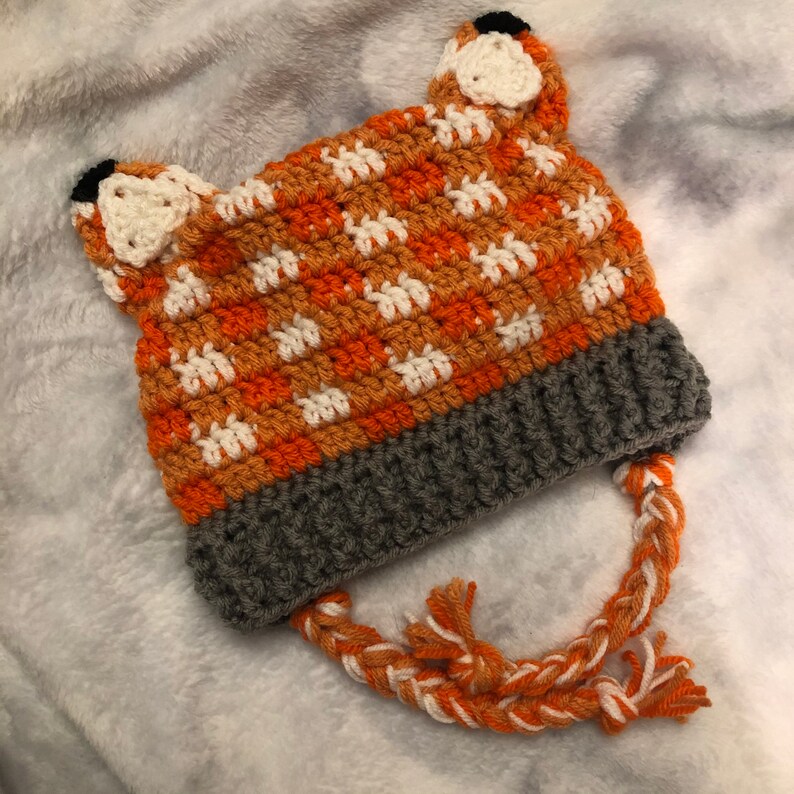 Crochet fox hat, crochet plaid hat, ear flap fox hat, plaid fox hat image 3
