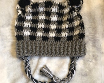 Crochet raccoon hat, crochet plaid hat, ear flap raccoon hat, plaid raccoon hat