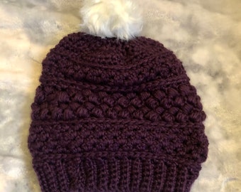 Crochet toddler beanie, crochet adult beanie, Winter beanie with Pom Pom, winter hat, purple beanie, faux fur Pom Pom, Pom Pom hat