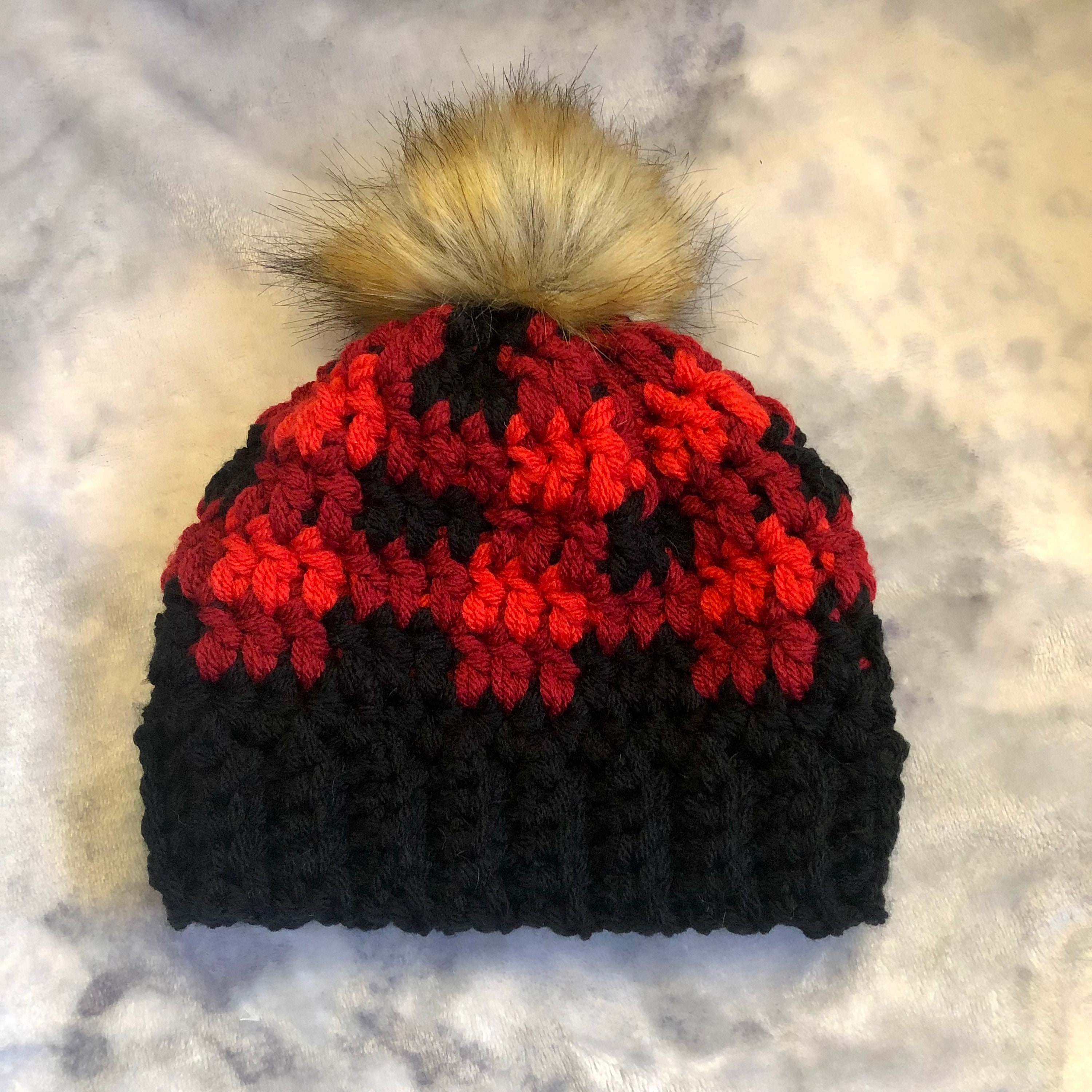 Crochet Buffalo Plaid Beanie Red and 