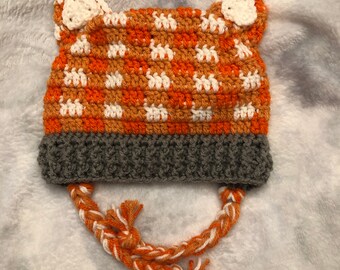 Crochet fox hat, crochet plaid hat, ear flap fox hat, plaid fox hat