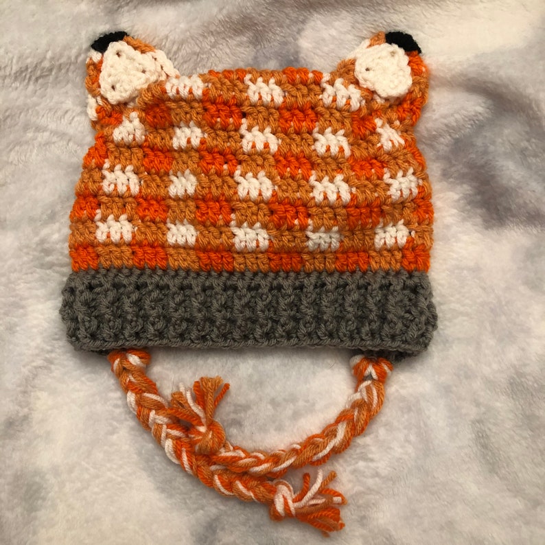 Crochet fox hat, crochet plaid hat, ear flap fox hat, plaid fox hat image 1