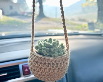 May include: A small, crocheted hanging planter with a green succulent inside. The planter is made of tan yarn and suspended by a matching yarn cord. The image is taken inside a car, with a blurred outdoor scene visible through the windshield.