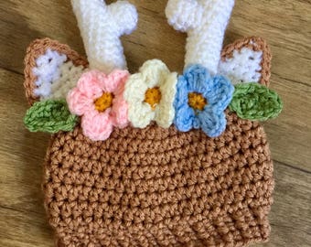Crochet baby deer hat, crochet flower crown hat, crochet woodland animals, crochet flower crown, crochet baby photo prop
