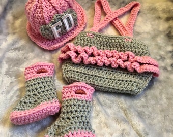 Crochet fireman outfit, crochet firefighter outfit, crochet photo prop, crochet baby gift, baby firefighter outfit, baby girl firefighter