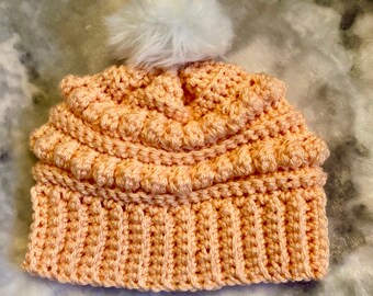 Crochet toddler beanie, crochet adult beanie, Winter beanie with Pom Pom, winter hat, peach beanie, faux fur Pom Pom, Pom Pom hat