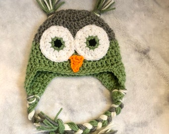 Crochet owl hat, owl ear flap hat, baby owl hat, children’s owl hat, adult owl hat, baby photo prop, crochet photo prop, crochet woodland ha